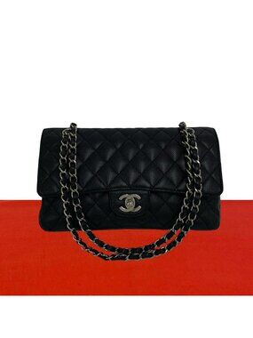 Chanel Double Flap Quilted CC Logo Caviar Leather Shoulder Bag Black